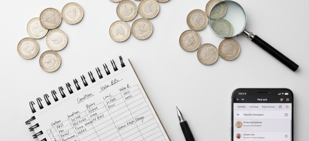 Top-down view of 50p coins with notebook and pen, coin valuation concept