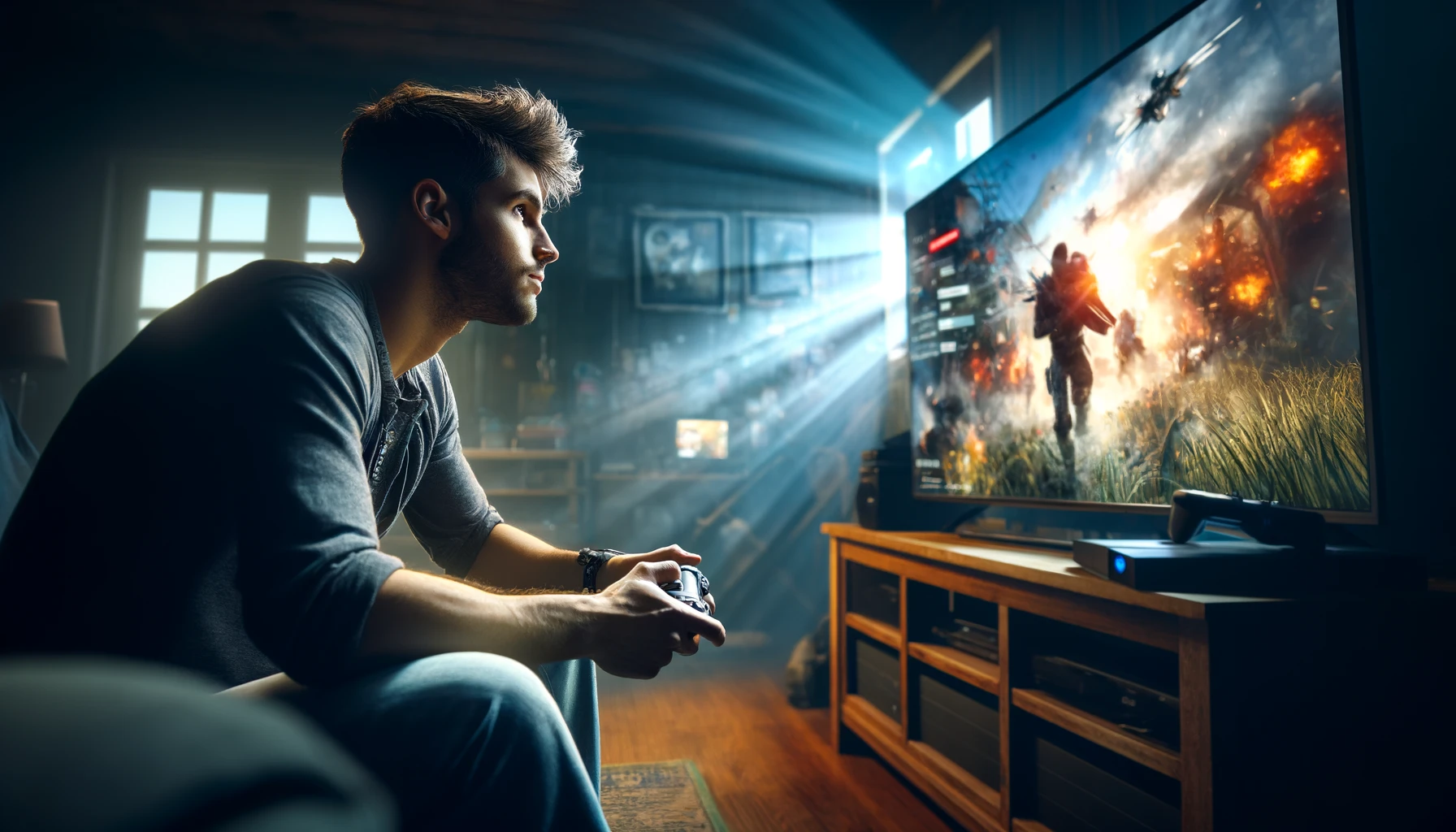 a male gamer deeply engrossed in playing a video game