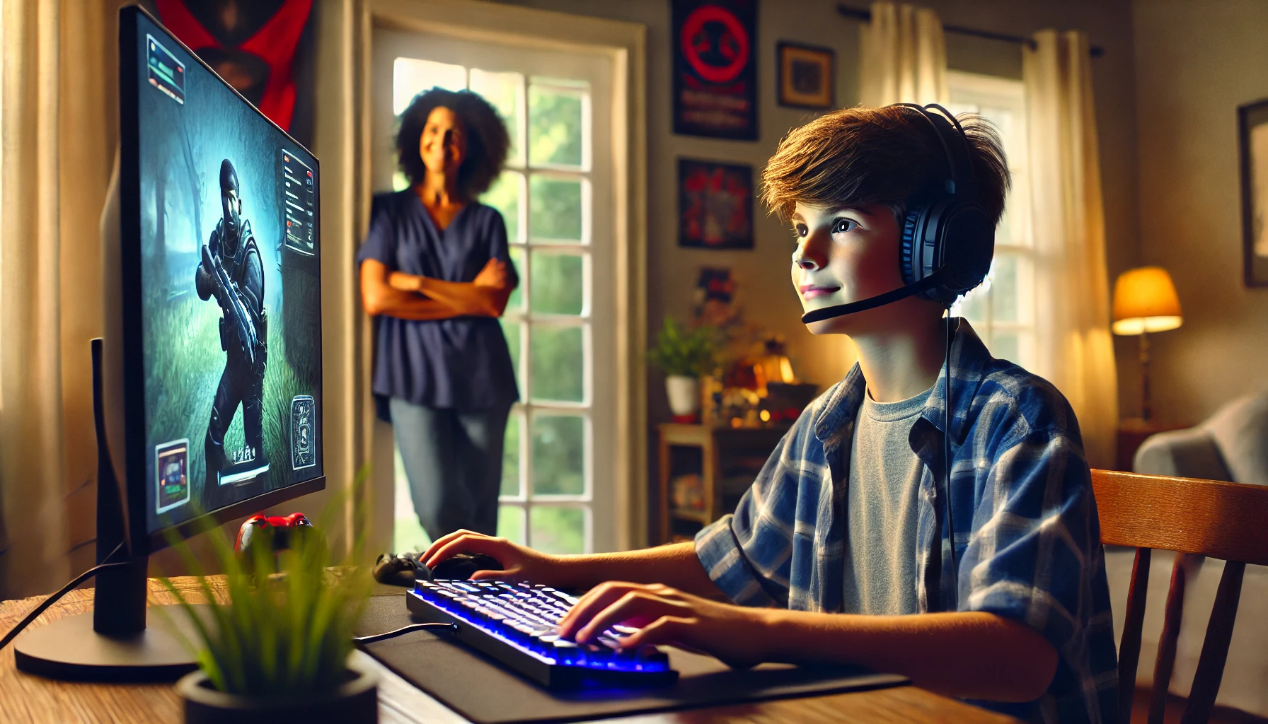 a teenage boy playing a computer game in a cozy room. The background shows his mother standing at the door, smiling and watching him with a caring expression.