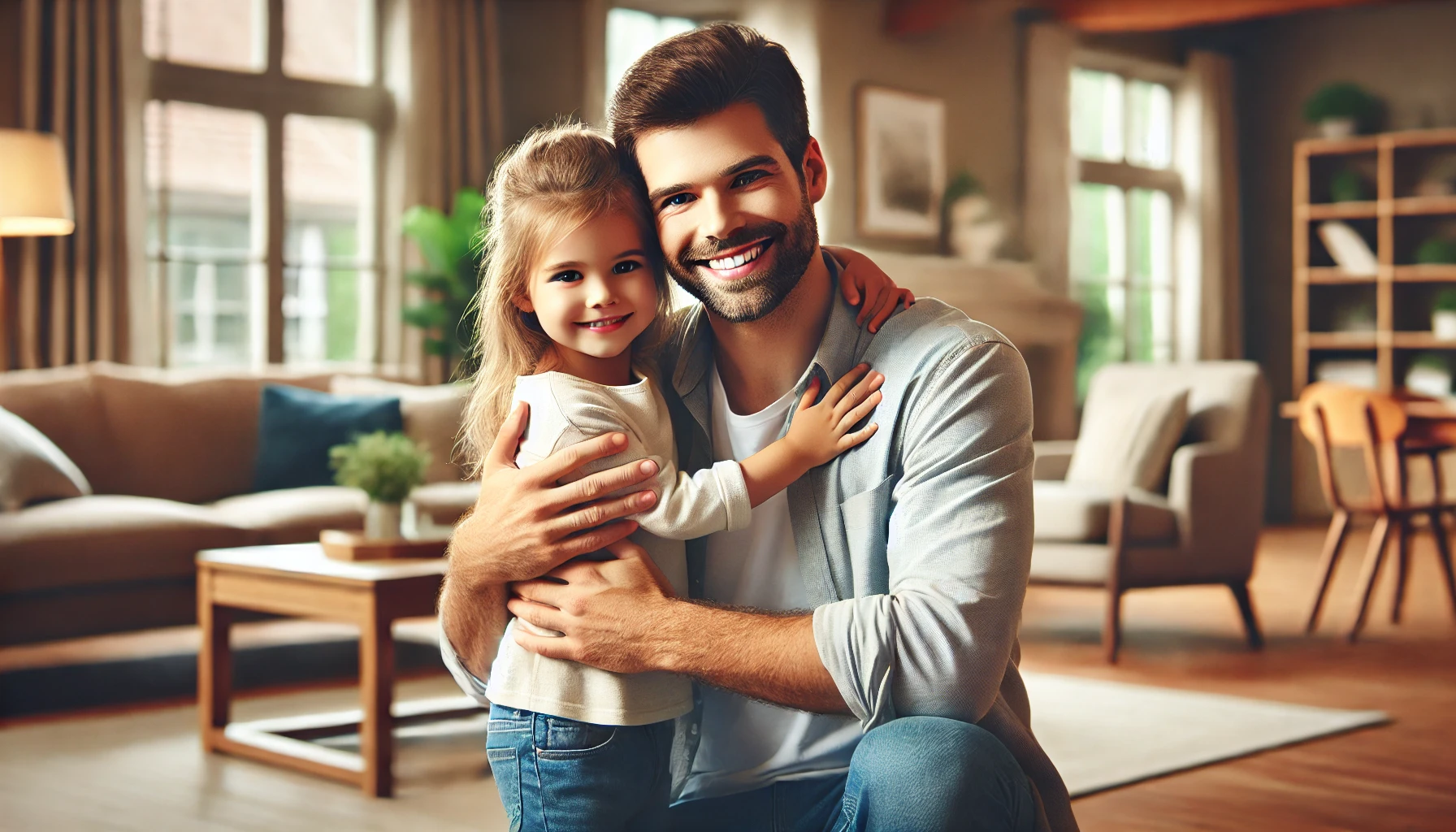  smiling father hugging his young daughter in a cozy living room. The father is dressed casually, and the daughter has a joyful expression.