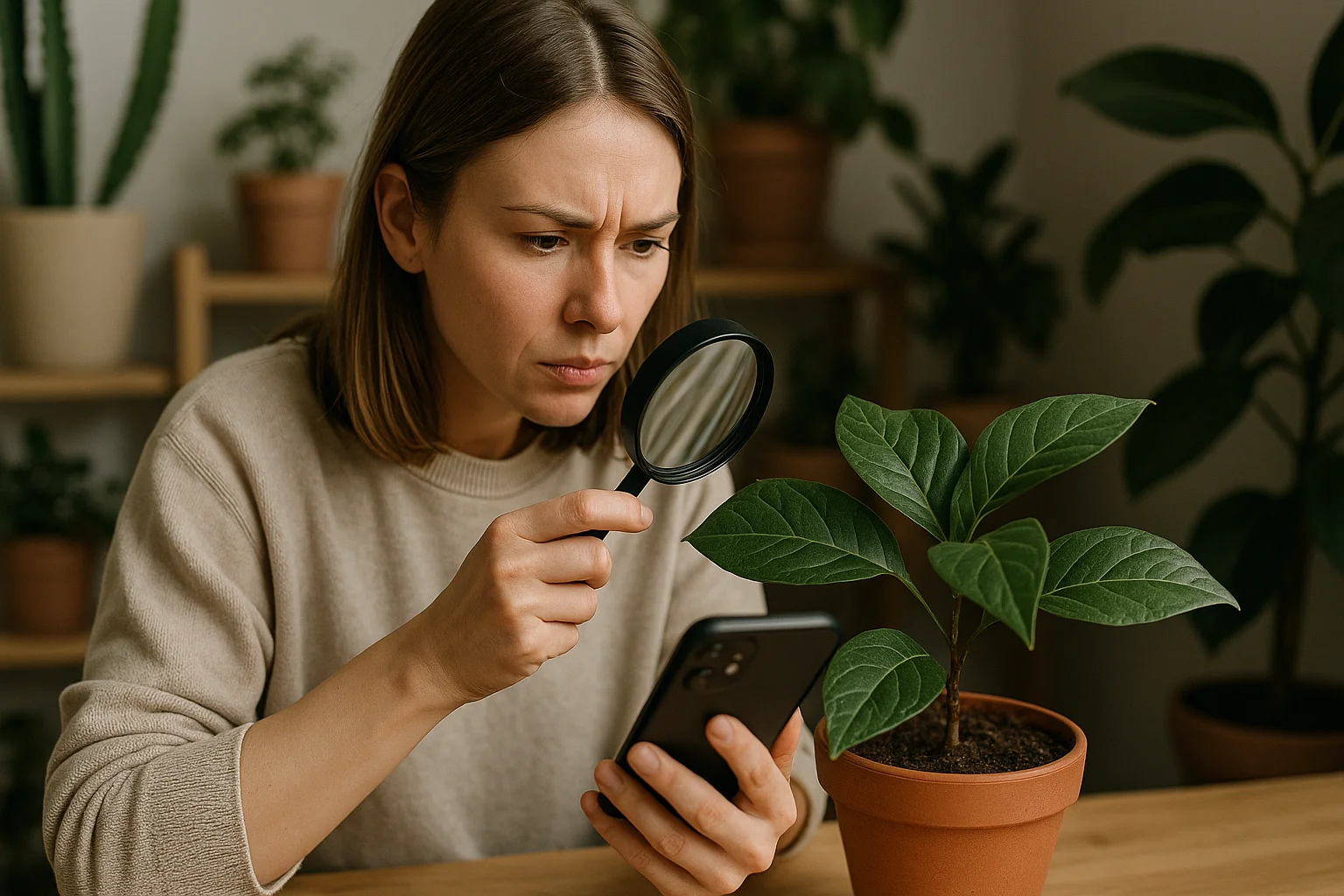 A young woman carefully examines a potted plant with a magnifying glass while checking her phone for identification.