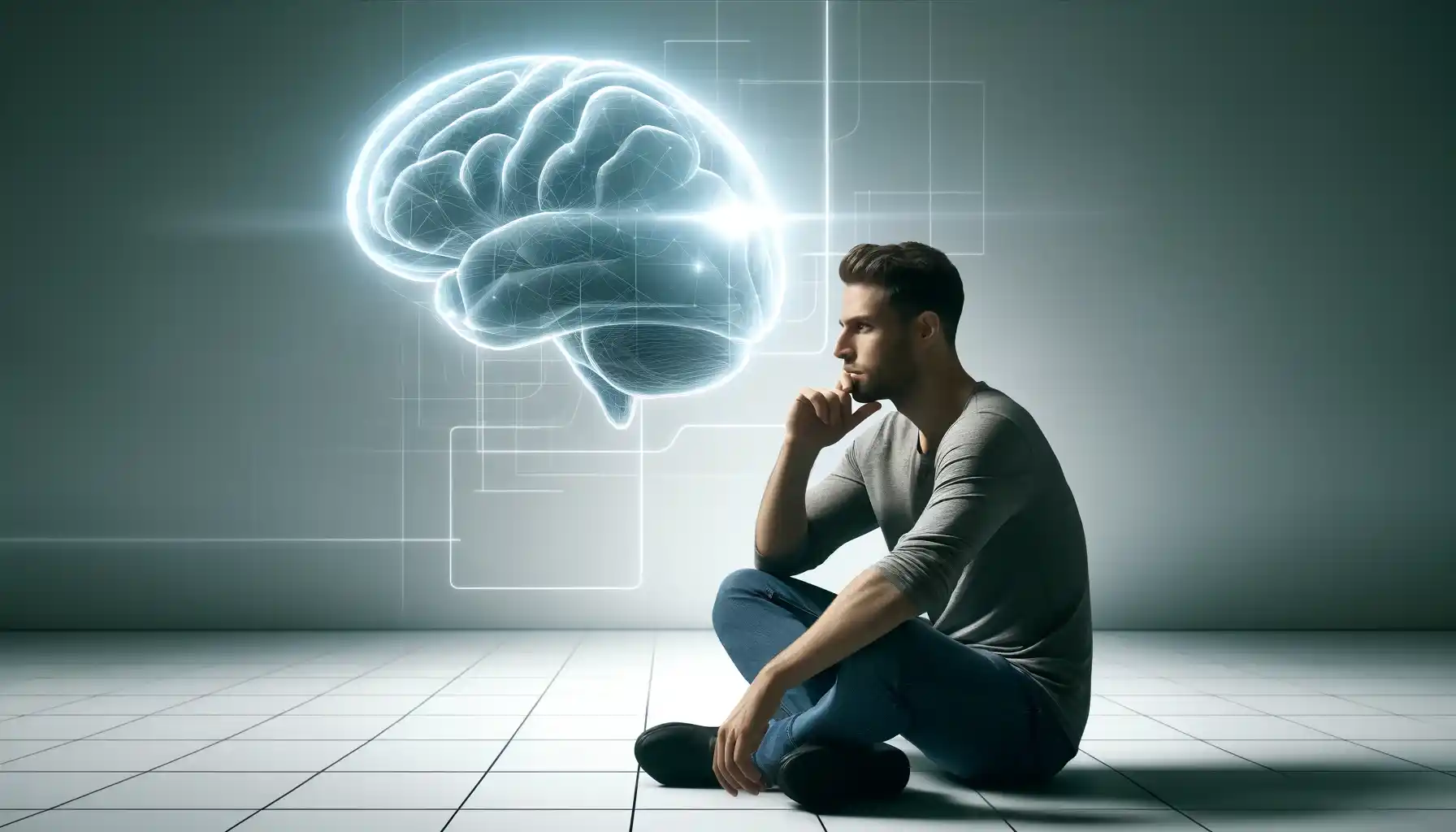 A thoughtful man sitting and reflecting deeply how to improve his cognitive abilities.