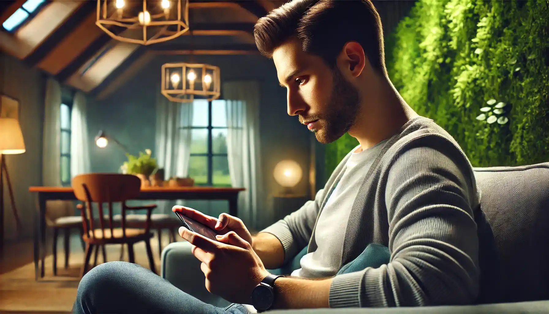 A man playing a mobile game, deeply focused and relaxed.