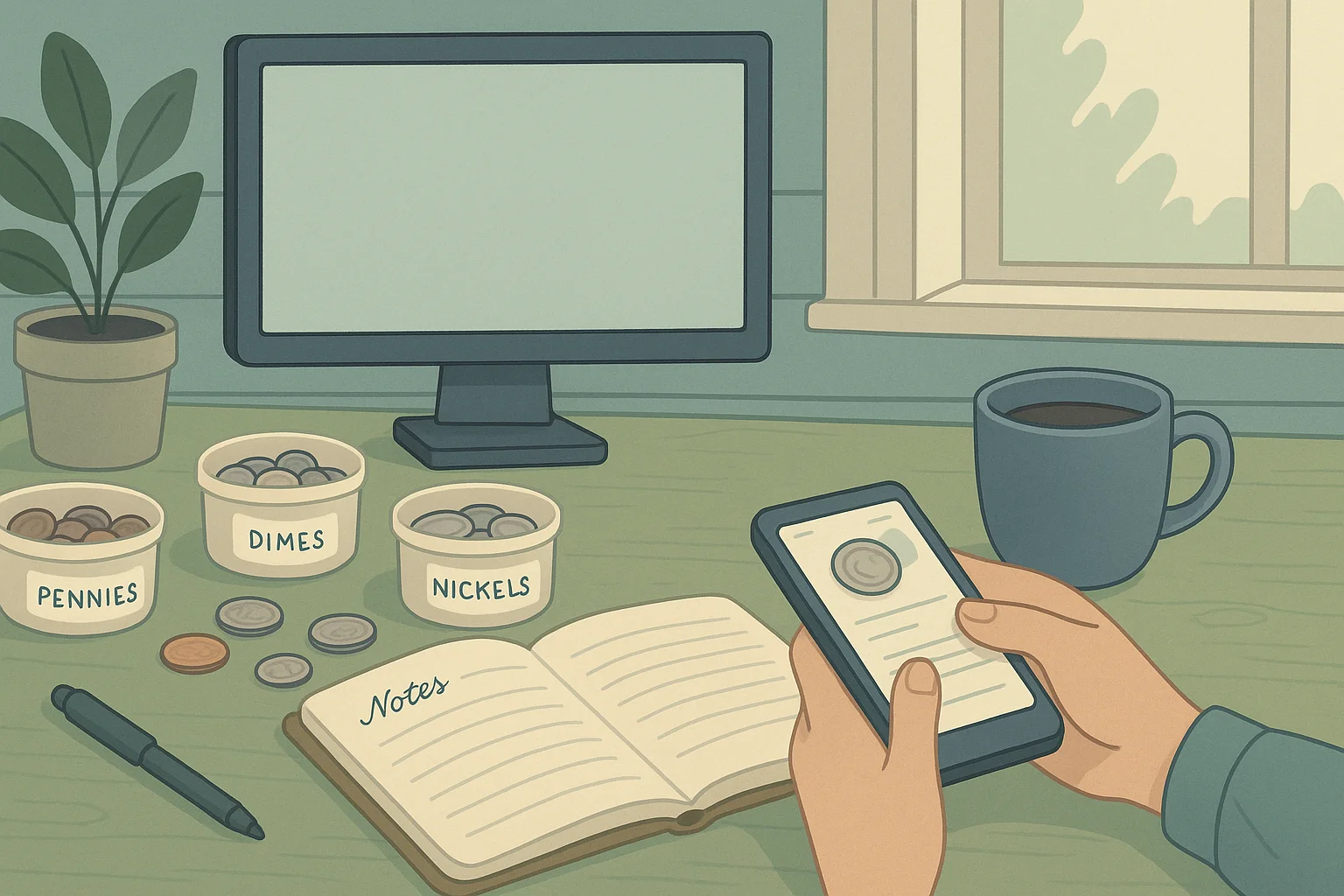 A collection is arranged on the desk, sorted by pennies, dimes, and nickels.