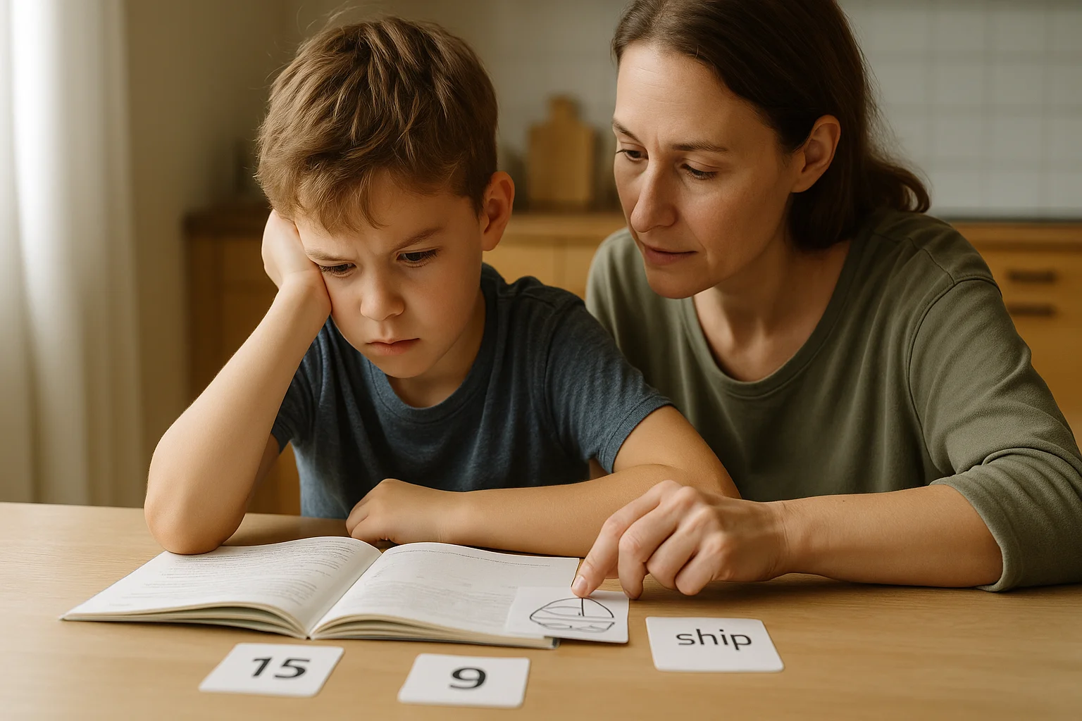 A mother helps a confused child to complete a memory task in a playful manner.