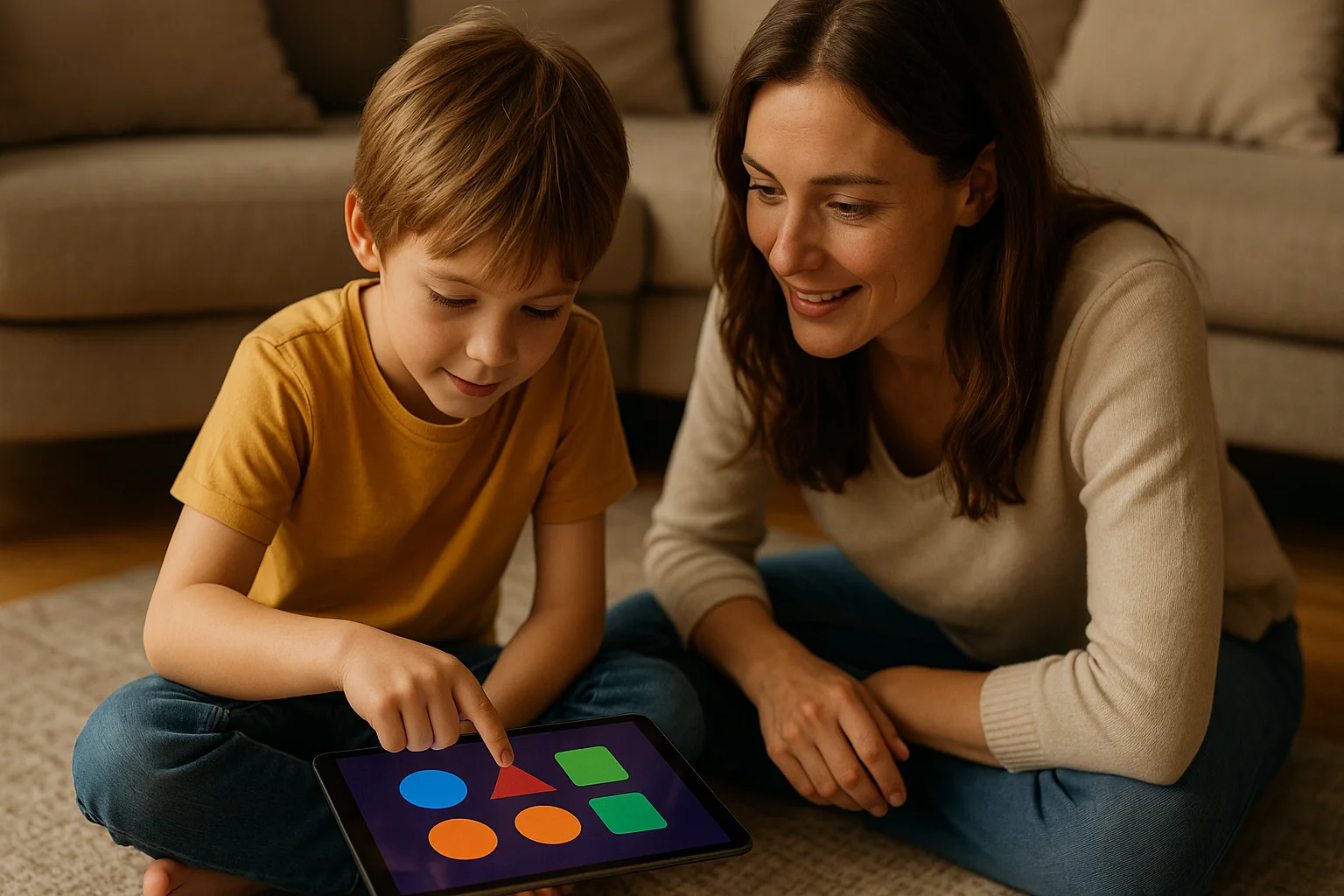  A child engages with a memory training game on a tablet while a mother observes with encouragement and interest.