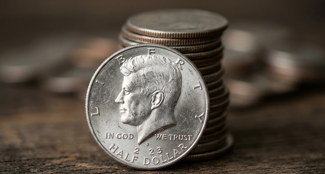 close-up of a single half dollar coin with stacked coins blurred behind